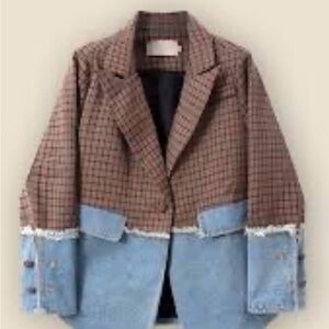 Chic Plaid and Denim Women's Blazer